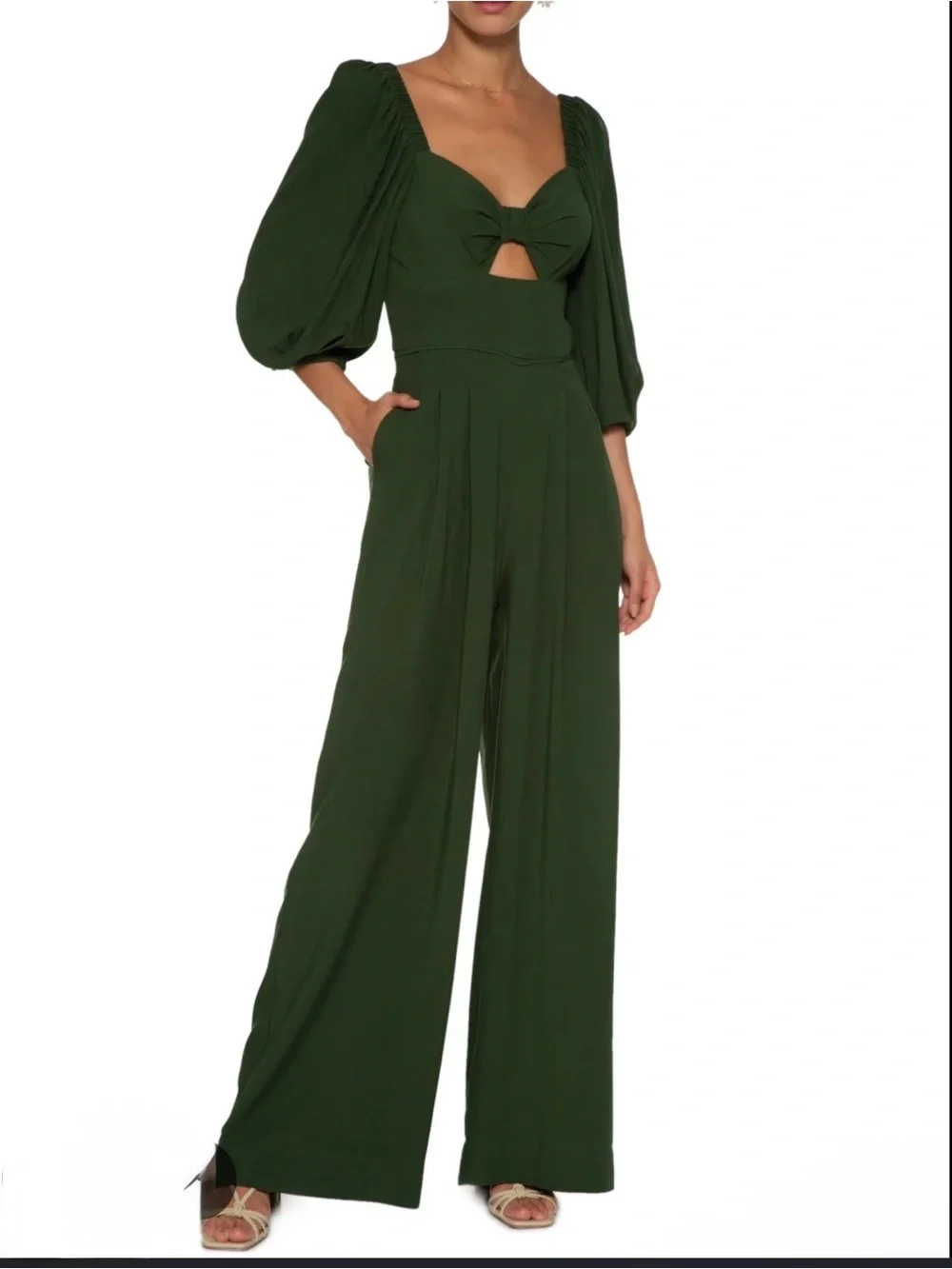 Maria Filó Olive Green Puff-Sleeve Wide-Leg Cutout Jumpsuit Size L